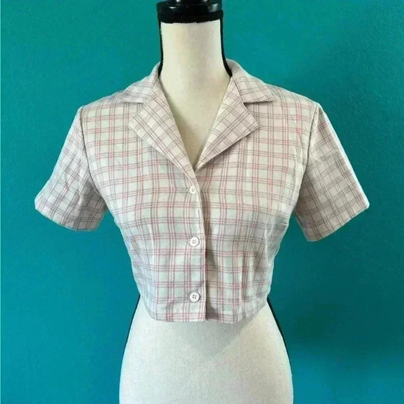 Brandy Melville John Galt Small Vivian Plaid Crop Top Collar Light Pink White - Picture 2 of 5